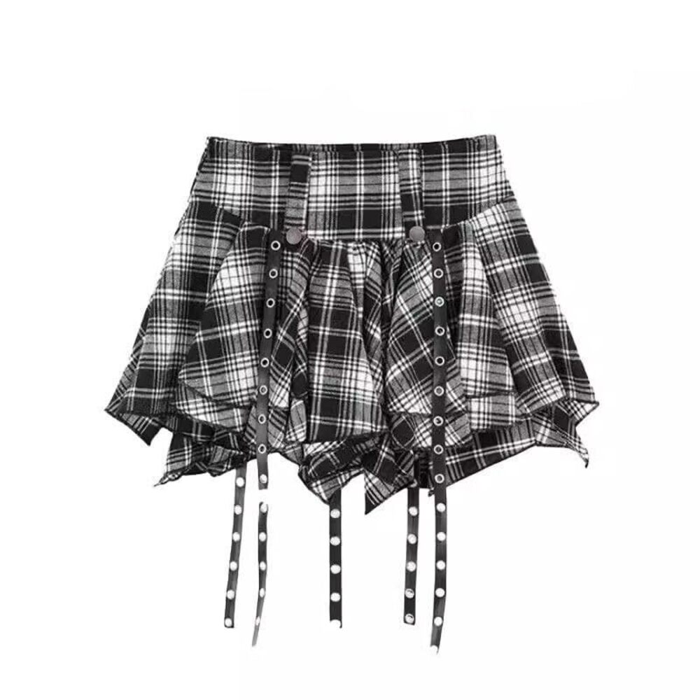 5527 Black and White Checkered Skirt Scene Clothes Black Plaid Skirt Goth